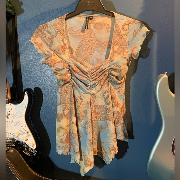 Cha Cha Vente mid dress blue with brown paisley pattern.  Light and fresh sz M - Picture 2 of 9